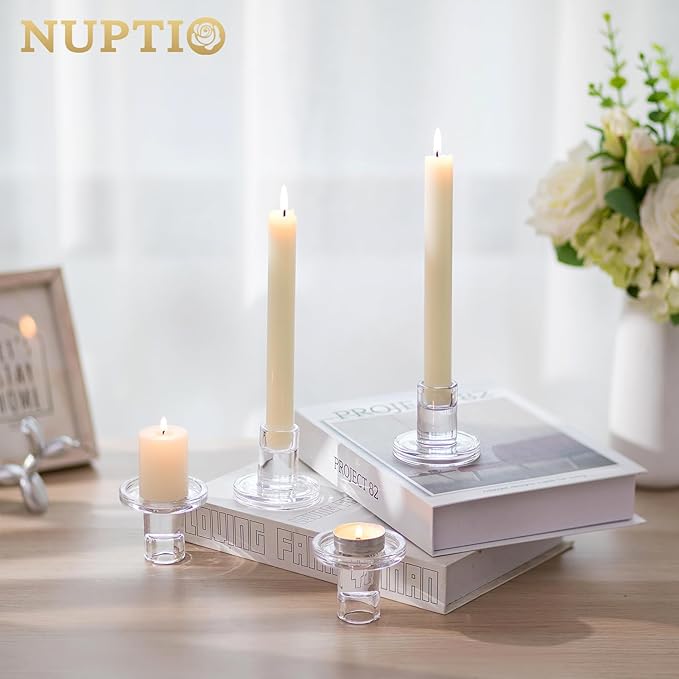 NUPTIO Glass Candle Stick Holder: Set of 10 Clear Small Taper Candlestick Holders for Tapered Candles Bulk Crystal Short Tapers Candlesticks Candleholder for Dining Table Fireplace Mantle Decor