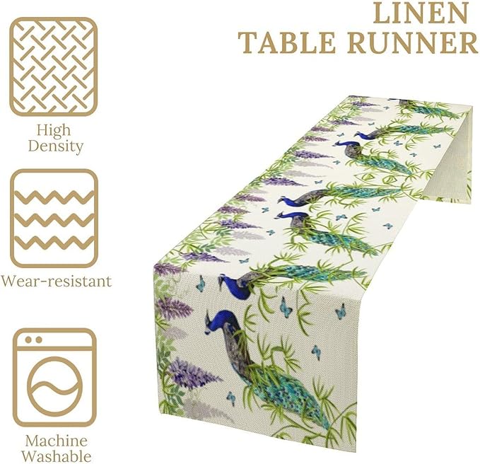 Peacock Table Runner,Spring Plant Butterfly Print Seasonal Table Runner for Home Kitchen Dining Party Indoor Outdoor Decoration 13x108 Inch