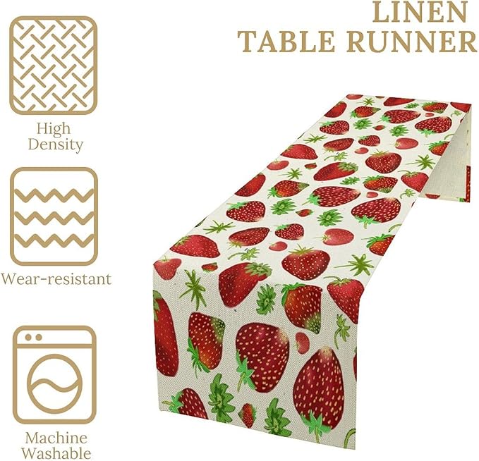 Strawberry Table Runner Spring Summer Fruit Wild Berry Forest Garden Dinner Runner for Girl Baby Shower Party Holiday Home Kitchen Dining Table Decor 13x60