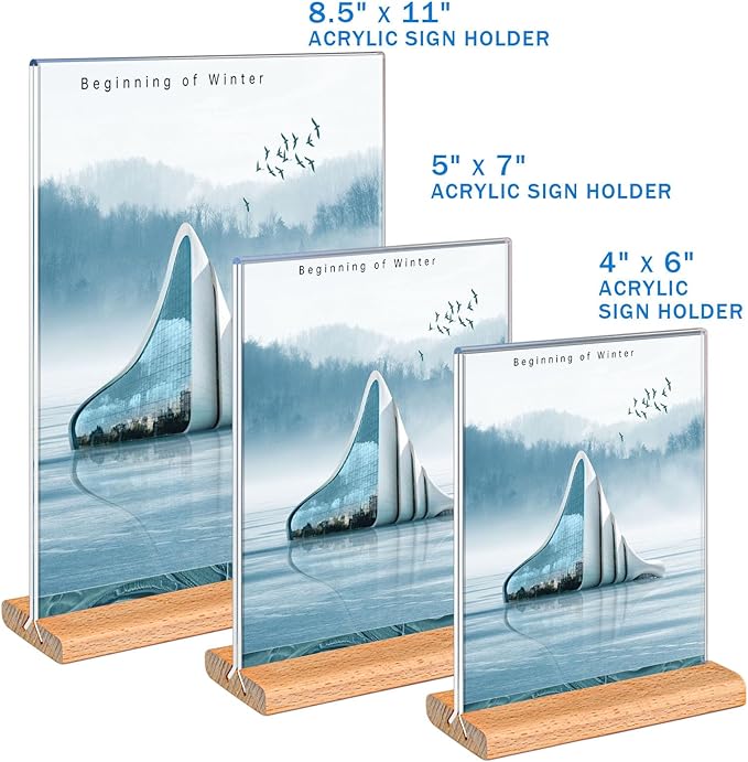 Kersally Acrylic Sign Holder 8.5 x 11, 3 Pack Double-Sided Clear Table Display Stands with Wood Base,Vertical Acrylic Frame Menu Flyer Paper Holder for Stores, Restaurants, Hotels, Office, Show Fair