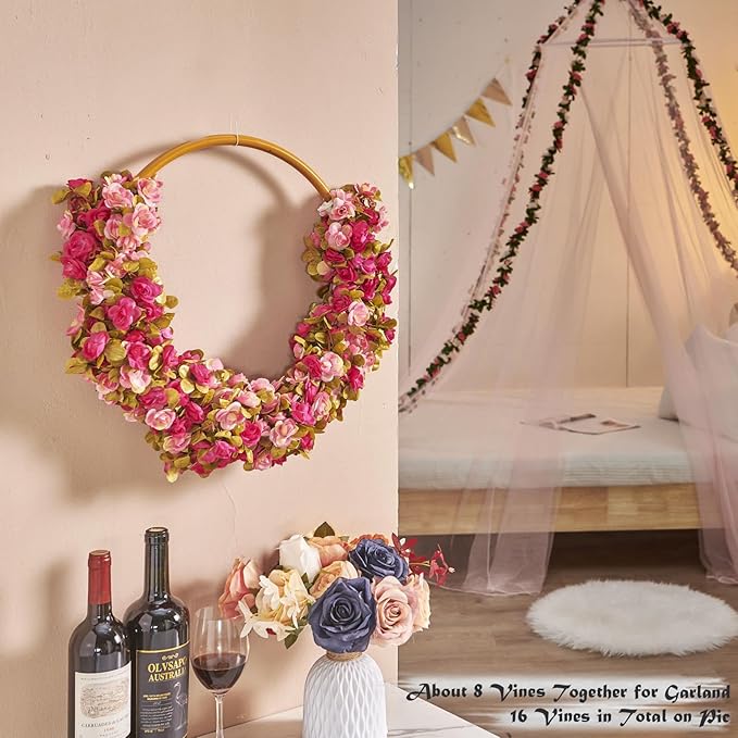 6 Pcs x 8.2 ft Flower Garland Artificial Rose Vine Flowers with Green Leaves Hanging Fake Roses Vine for Room Party Home Wedding Birthday Christmas Wall Arch Decor, Fall Purple Flower