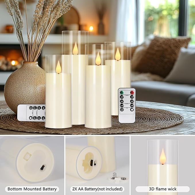 24 Packs of Acrylic LED Candles, Flickering Flameless Candles Battery Operated with Remote Dimmed and Timed, 3D Wick Candles for Home Decor,Wedding,Gift，Parties and Festivals. (3 Size)