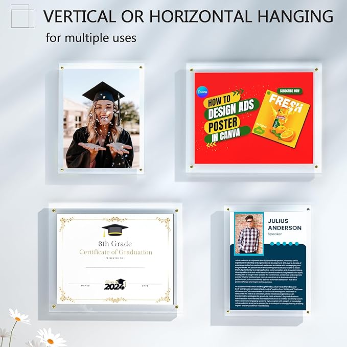 Acrylic Picture Frame for Wall, Clear Diploma Frame, No Drill Floating Frameless Photo Frame for Diploma Certificate Degree Document & Artworks Display, Graduation Gift for Students (1 Pack, 8.5X11 Straight edge)