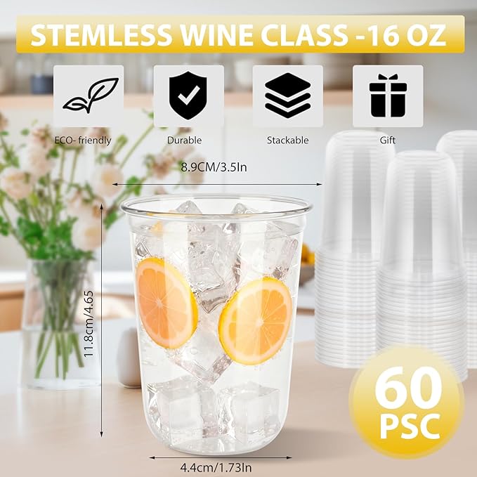 60 Pcs Disposable Stemless Clear Glasses 16 oz NATURAL Arc Crystal Plastic wine glasses Clear Classic Pet Cup for Meeting Weddings Birthdays Cocktail Christmas Party Supplies