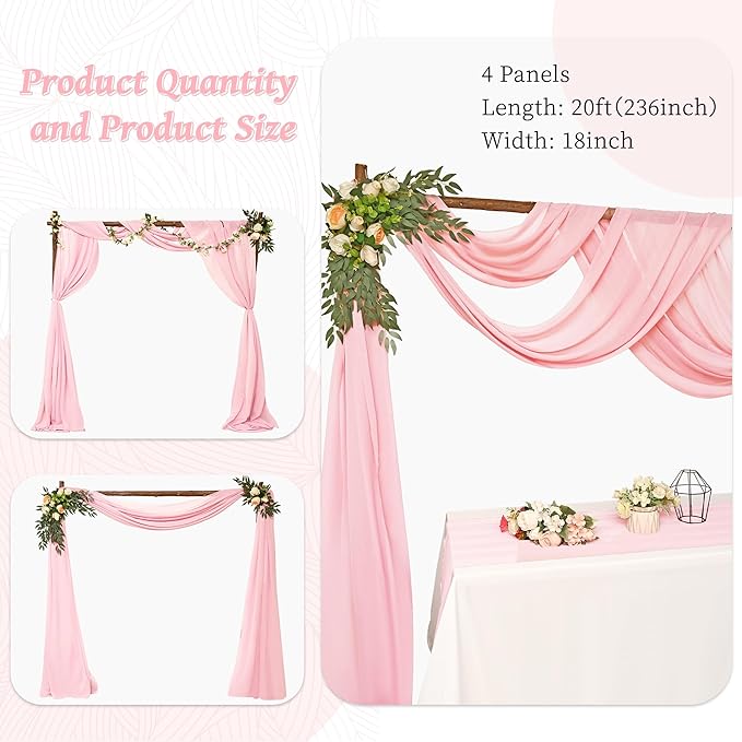 6 Panels Pink Wedding Arch Drapery 28" x 20Ft Wedding Arch Draping Fabric Chiffon Fabric Drape Sheer Backdrop Curtain for Weddings Party Swag Ceremony Birthday Arbor Drapery Reception Ceiling Décor