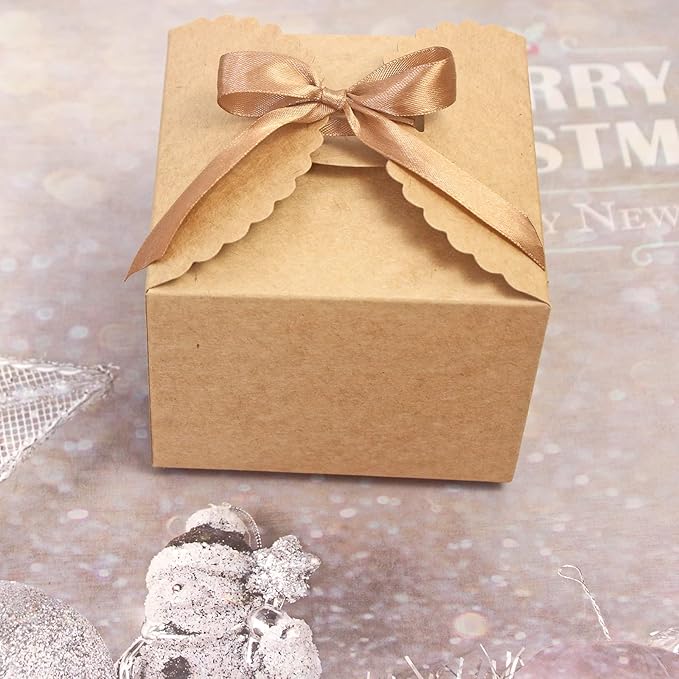 Brown Box for Presents, 10 Pack Small Empty Kraft Paper Gift Boxes with Ribbon For Packaging Candy, Cookie, Chocolate, Craft, Candle, Small Gifts, 4.75” x 4.75” x 3.53”
