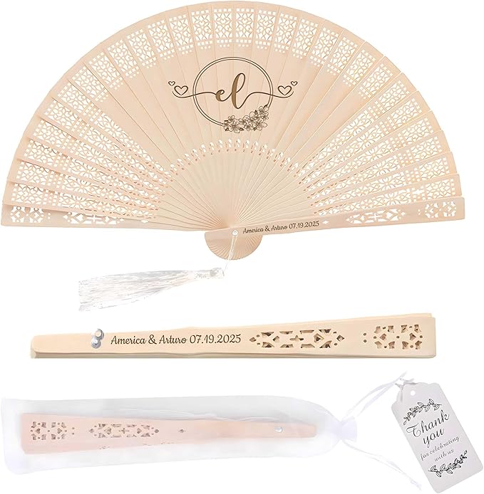50 PCS Custom Fans Personalized Folding Fans for Line Dancing Wooden Hand Fan Wedding Favors Bulk Fans for Guests Party Event Use (Style07)