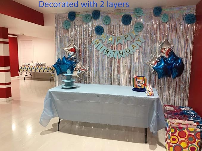 Foil Fringe Curtains Independence Day Decorations - Melsan 3 Pack 3.2 x 8.2 ft Silver Tinsel Curtain Photo Backdrop for Birthday Party or Disco Party Decorations