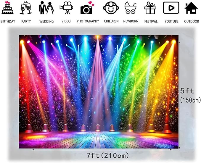 LTLYH 7x5ft Fabric Disco Rainbow Stage 70s 80s 90s Backdrop Vintage Lights Photography Background Rock Music Club Neon Glow Party Decorations Photo Banner 312