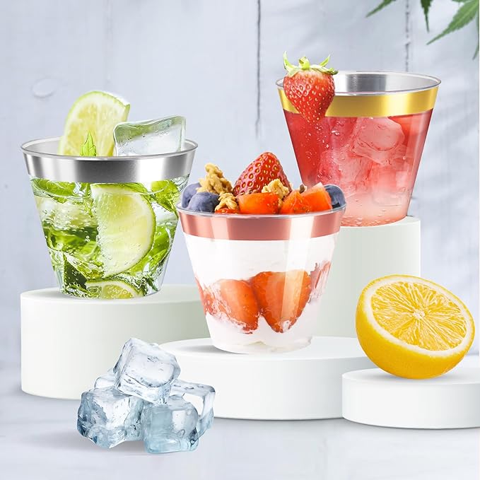 [200 Pack] 9oz Clear Plastic Cups with Gold Rimmed Sturdy & Food Safe Disposable Wine Glasses Party Wedding Cups Disposable Drinking Cups Plastic Cocktail Glasses for Wine, Juice & Cold Beverages