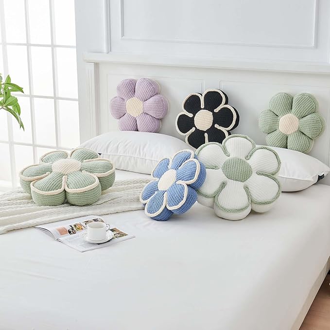 Flower Pillow, Soft Flower Decorative Throw Pillow, Cute Daisy Flower Shaped Seating Floor Cushion Room Décor Plush Pillows for Sofa Couch Bed (17.7 Inch, Sage Green)
