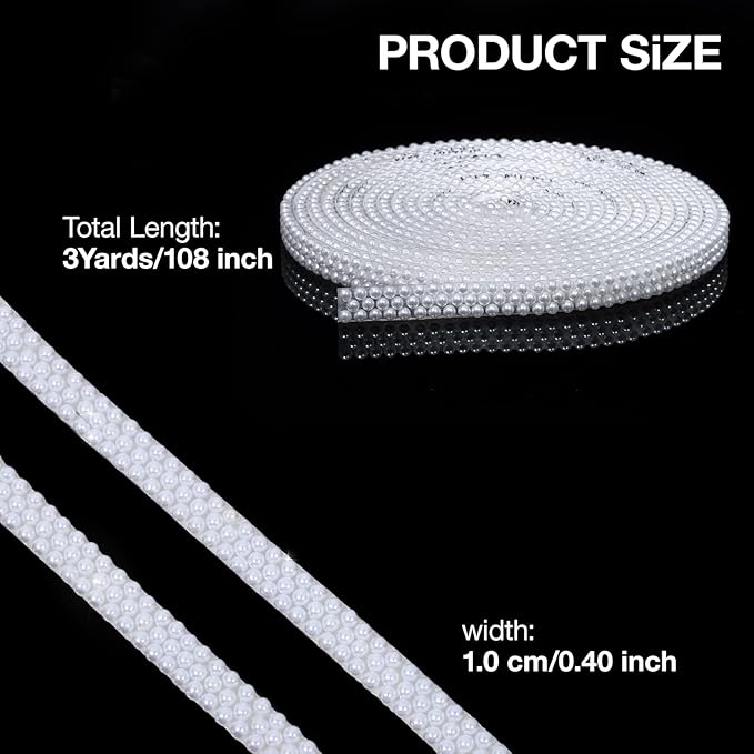 White Pearls Ribbon 3 Yards Self Adhesive Pearls Strips Diamond Ribbon Sticker Crystal Roll Glitter Bling Rhinestones Tape for Crafting DIY Art Decoration (0.4 Inch)