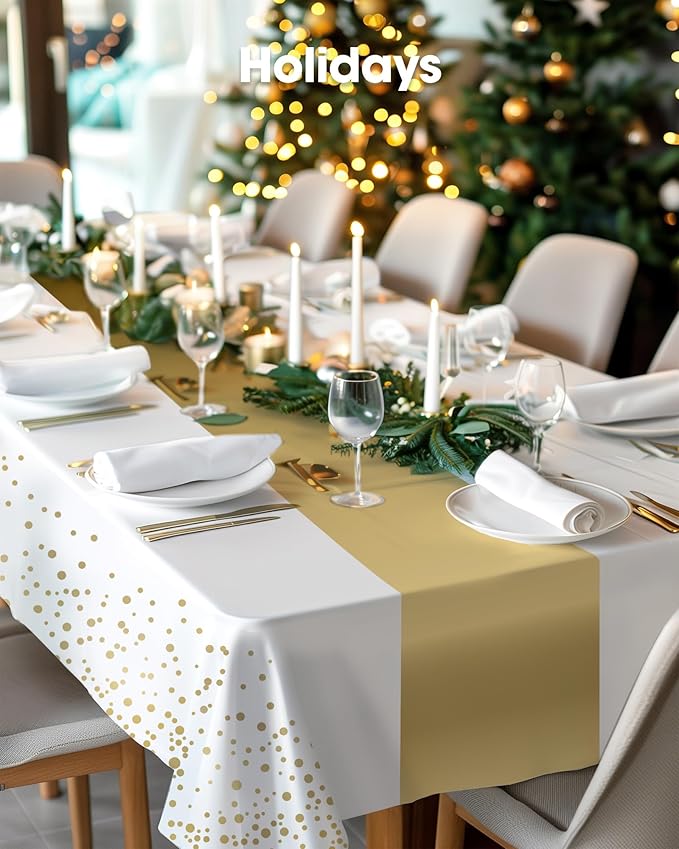 Pureegg Plastic Table Cloth Disposable 10 Pack, 54 x 108 Inch, Table Runner Style, Graduation Decorations 2025, Party Tablecloths, Rectangle, Plastic Cover, Leakproof & Sturdy, White Gold