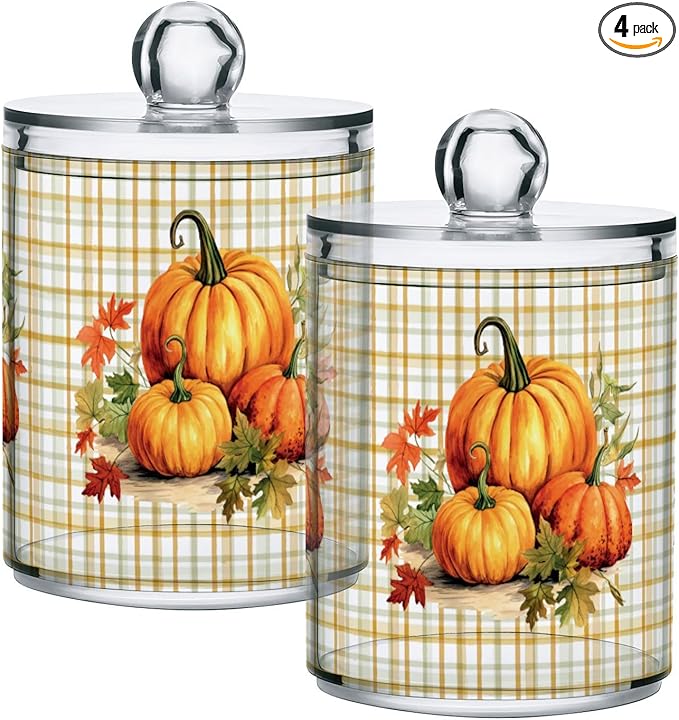 Gredecor 4 Pack Apothecary Jars with Lid Pumpkins Gingham Plaid Qtip Holder Dispenser Storage Containers Clear Plastic Rustic Fall Autumn Thanksgiving Theme Canisters for Bathroom Vanity Organization