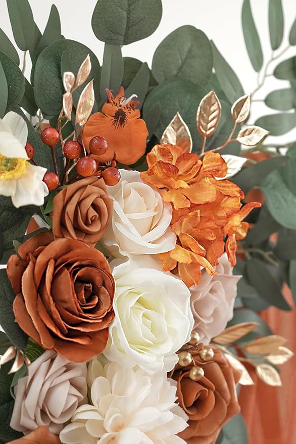 Burnt Orange Artificial Wedding Arch Flowers Kit (Pack of 3) with 26Ft Terracotta Shiny Arch Draping Fabric for DIY Wedding Party Ceremony Reception Backdrop Floral Decoration