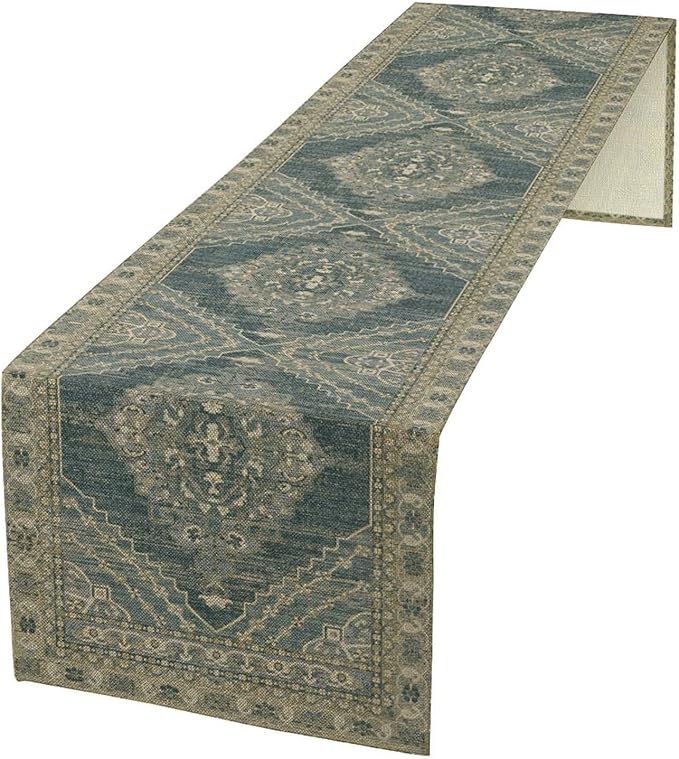Boho Floral Vintage Table Runner, Blue Teal Retro Flower Rustic Country Farmhouse Pattern for Home Kitchen Table Decor Dining Coffee Room Party Decor 13x72in