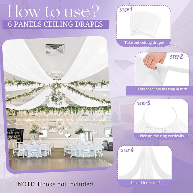 6 Panels White Ceiling Drapes for Wedding, 5ftx40ft Ceiling Drapes Cheesecloth Sheer Fabric Curtain Wedding Arch Draping Fabric Romantic Ceiling Decorations for Wedding Party Ceremony Stage