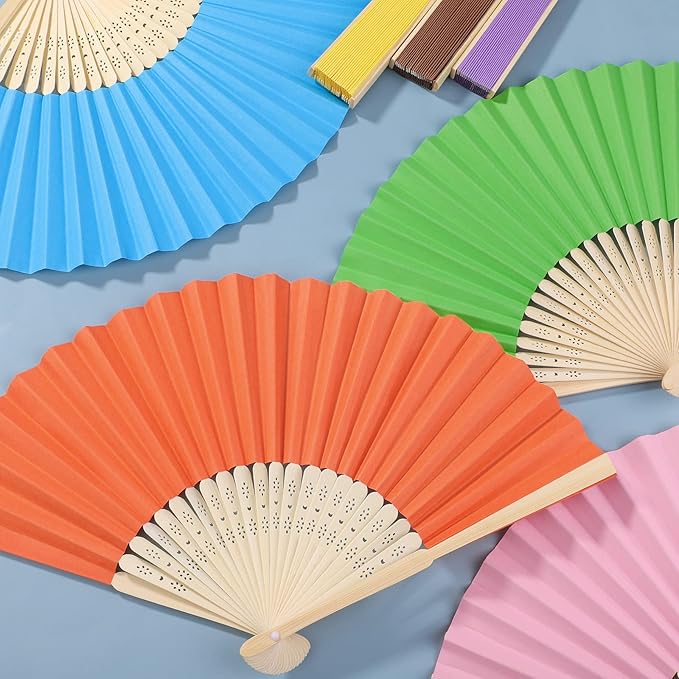 Aneco 48 Pieces Handheld Paper Fans Paper Folding Fans with Bamboos for Wedding Gift, Party, Home, DIY, Multicolor