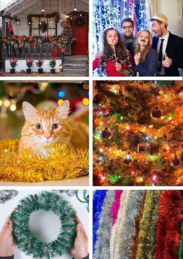 Mandala Crafts Blue Tinsel Garland - Thin Metallic Foil Glitter Mini Garland for Christmas Tree, Party, Wedding Decor, and Holiday Decorations