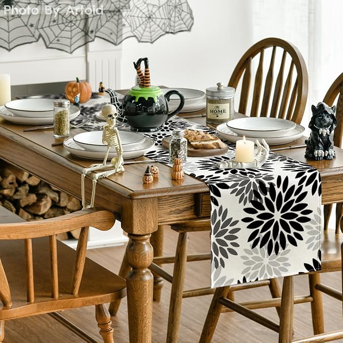 Artoid Mode Black Dahlia Floral Pinnata Halloween Table Runner, Fall Autumn Kitchen Dining Table Decoration for Home Party Decor 13x72 Inch