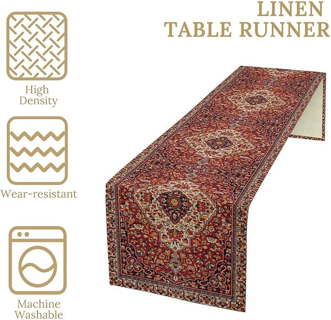 Boho Floral Vintage Table Runner, Paisley Retro Red Flower Rustic Country Farmhouse Abstract Pattern for Home Kitchen Table Decor Dining Coffee Room Party Decor 13x120in