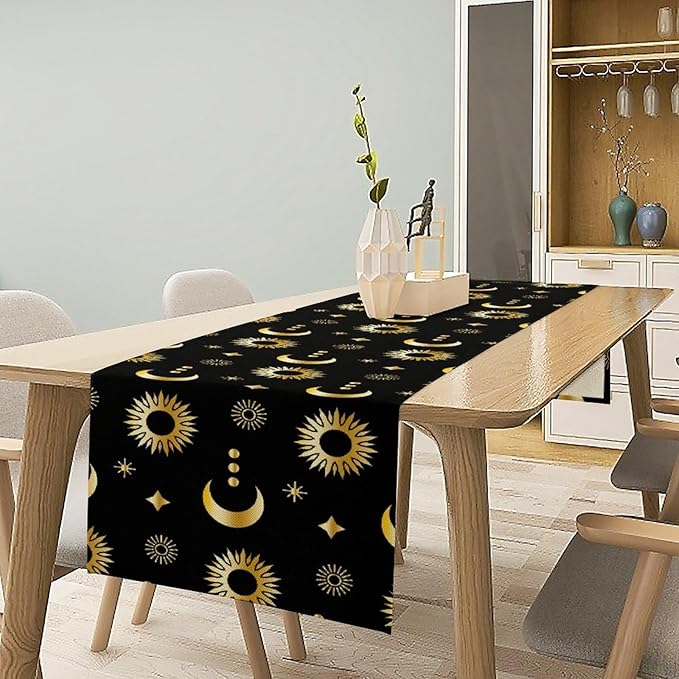 Magic Gold Sun Moon Stars Table Runner Mystical Farmhouse Rustic TableRunner for Party Holiday Dining Room Kitchen 13x60 Inch