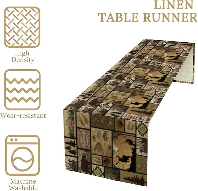 Vintage Deer Bear Table Runner, Fish Retro Farmhouse Cabin Lake Country Lodge Table Runner for Home Dinner Kitchen Living Room, 13x120 Inch