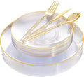 Liacere 150PCS Clear Gold Plastic Plates - Gold Plastic Silverware with Glitter Handle - Clear Disposable Plates Include 30 Guests Plates, Forks, Spoons, Knives for Wedding & Party&Chrismas