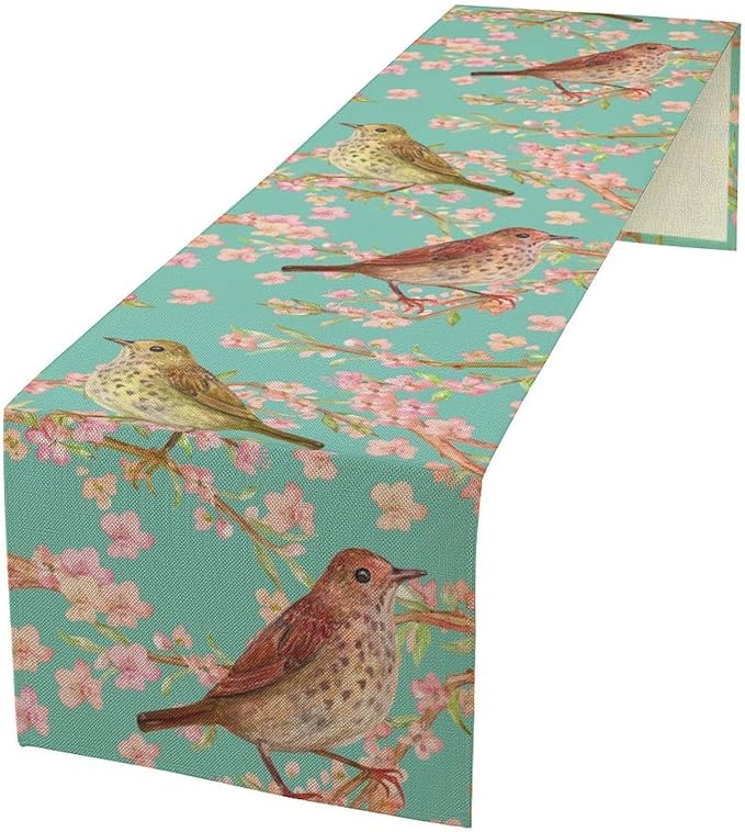 Table Runner with Flowers and Birds, Spring Plant Flowers Table Decoration Linen Table Runner Family Party Party Decorations 13x120 Inches