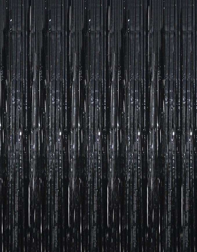 GOER 3.2 ft x 9.8 ft Metallic Tinsel Foil Fringe Curtains Party Photo Backdrop Party Streamers for Halloween,Birthday,Graduation,New Year Eve Decorations Wedding Decor (4 Packs,Black)