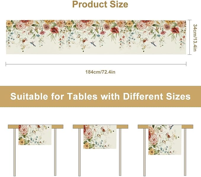 Rustic Floral Table Runner, Watercolor Flower Leaves Hummingbird Butterfly Farmhouse Kitchen Dinning Table Runner for Indoor Outdoor Home Wedding Party Holiday, 13x36 Inch
