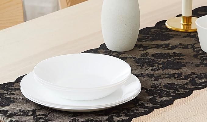 LinenZone Black Table Runner with 2 Tassels for Rustic Vintage Decor. Lace Table Runner Works Great As Wedding, Thanksgiving Or Christmas Decor. (Mia 14 x 96, Black)