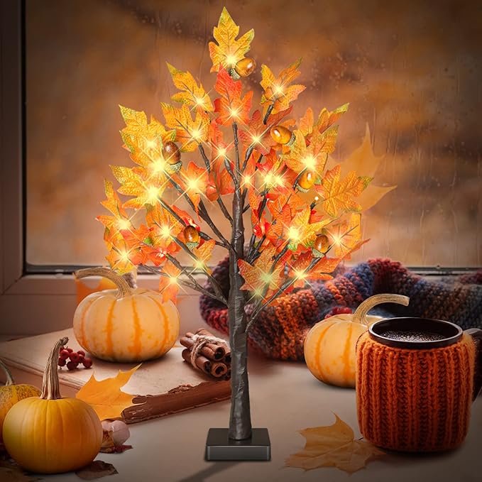 24 Inch Lighted Maple Tree with 36 Lights, 6 Acorn, Timer Battery Operated Tabletop Artificial Fall Tree for Thanksgiving Harvest Home Decor, Fall Table Centerpiece Decorations