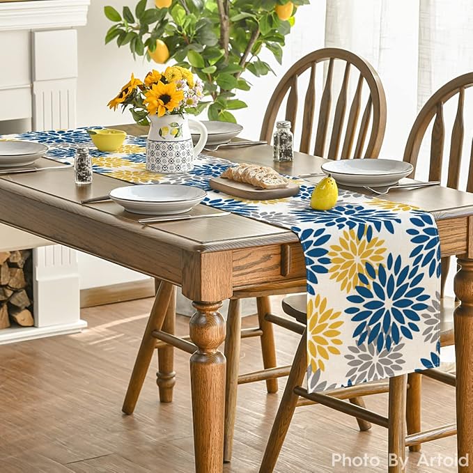 Artoid Mode Blue Dahlia Floral Pinnata Summer Table Runner, Spring Kitchen Dining Table Decoration for Home Party Decor 13x108 Inch
