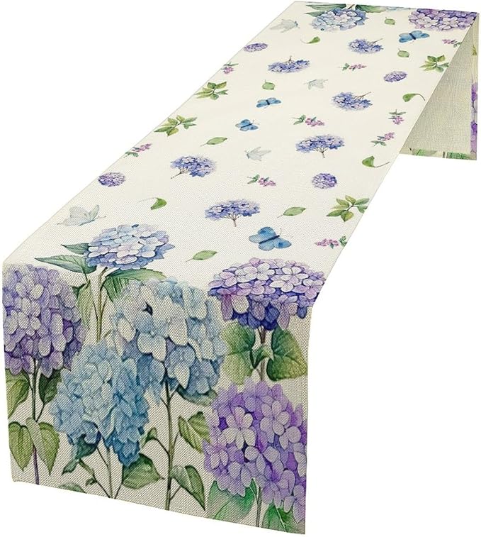 Spring Hydrangea Flower Table Runner, Seasonal Summer Plants Watercolor Florals Butterfly Dinner Runner for Home Kitchen Dining Table Party Holiday Decoration 13"x60"