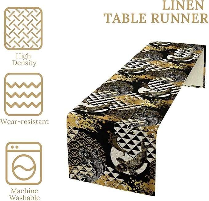 Japanese Table Runner Oriental Tradition Kio Fish Gold Art Printed Burlap Runner Home Kitchen Dining Table Living Room Decor Fabric 1 Panel W13xL90in