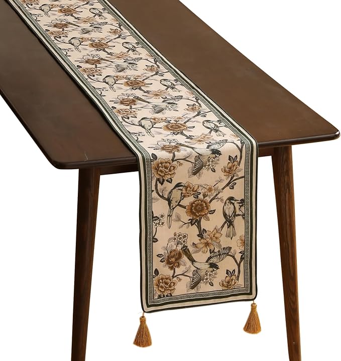 ISAENNE Designer Vintage Beige Linen Table Runner 102 Inches Long,Elegant Floral and Bird Pattern Decor Table Runners for Dining Tables,Thanksgiving,Christmas,Banquet,Party,12"*102"-Murad A