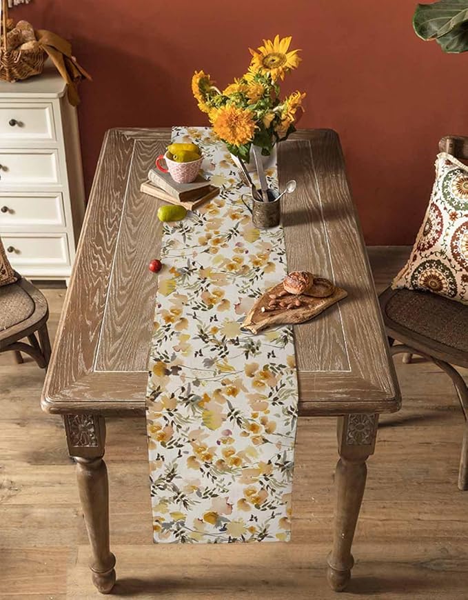 Vintage Orange Flower Cotton Linen Table Runner for Dining Kitchen, Wedding Outdoor Party Tablerunners Decoration, Farmhouse Botanical Floral Retro Dresser Scarf Coffee Tablecloth Runners 13x48 Inches