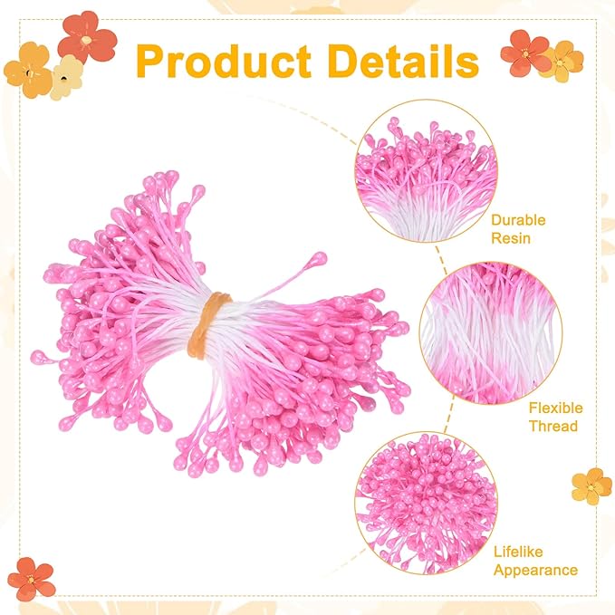 150-Pack Flower Stamens for Crafts, 5mm Double Heads Artificial Pearl Floral Pistil Mini Flower Pollens Stamens for DIY Making/Wedding/Scrapbook Decoration [Dark Pink]
