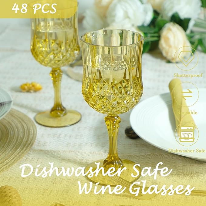 Plastic Wine Glasses，Plastic Goblets Vintage Style Cordial Drinking Glasses for Wedding Reception, Grand Event Party Supplies (48, Gold)