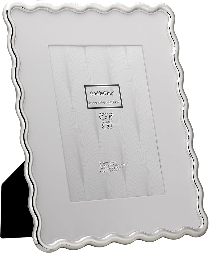 Silver 8x10'' Wave Design Photo Frame with Acid Free Mat for 5x7'',High-End Zinc Alloy Picture Frames with Velvet Back,Fashionable Style Silver frames 7x5''