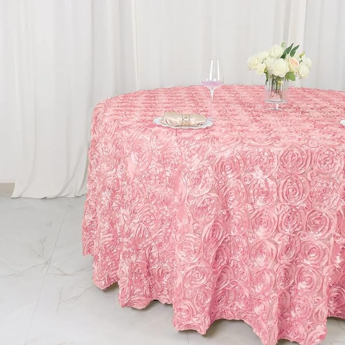 Efavormart 120" Wholesale Round Table Cover Pink Grandiose Rosette 3D Satin Tablecloth for Wedding Party Event Decoration