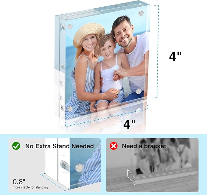 HOUSE DAY Acrylic Picture Frames 4x4, 1 Pack Magnetic 4 x 4 Picture Frame, Double Sided Clear 4x 4 Photo Frame with Microfiber Cloth, Frameless FreeStanding 4x4 Frame Gift for Desktop Display