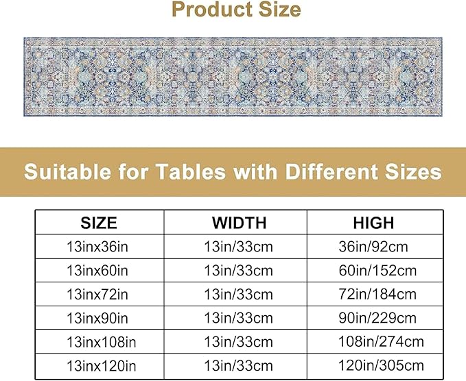 Vintage Boho Floral Table Runner, Rustic Country Farmhouse Blue Yellow Retro Flower Pattern for Home Kitchen Table Decor Dining Coffee Room Party Decor 13x72in