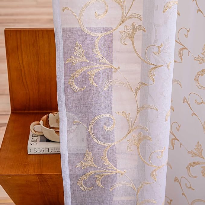 Sheer Curtains White-Beige 95 Inch Length, Boho Farmhouse Curtains for Bedroom Rod Pocket Vintage Farmhouse Drapes with Scroll Floral Patterned for Living Room, 84 Inch Curtains 2 Panel set, 52"x 95".