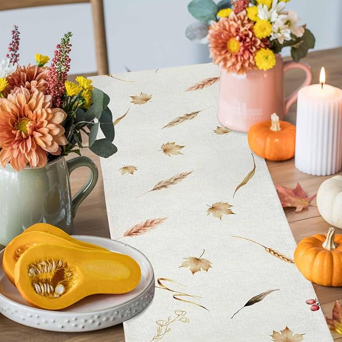 Fall Thanksgiving Cotton Linen Table Runner for Dining Kitchen, Orange Pumpkins Outdoor Party Autumn Tablerunners Decoration, Rustic Wheat Leaves Dresser Scarf Coffee Tablecloth Runners 13x36 Inches