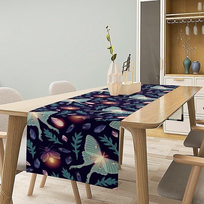 Moth Table Runner, Retro Boho Aesthetic Blue Moth Magic Table Runner for Home Kitchen Dining Party Indoor Outdoor Decoration 13x70 Inch