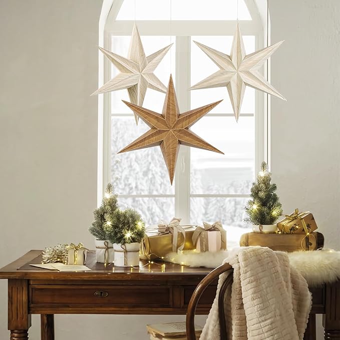 EASY JOY 5 Pcs Wood Grain Paper Star Lanterns 6-Pointed 12 Inch Christmas Hanging Lamp Rustic Paper Decorations Vintage Christmas Home Hanging Decoration for Xmas Tree Wedding Birthday Party Decor