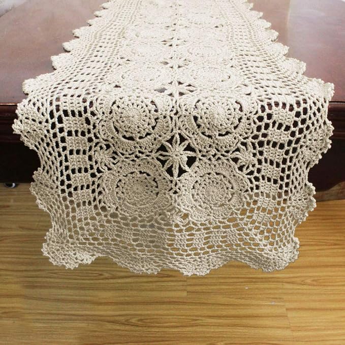 KEPSWET Cotton Handmade Crochet Lace Table Runner Beige Rectangle Coffee Table Dresser Decor (14x84 inch)
