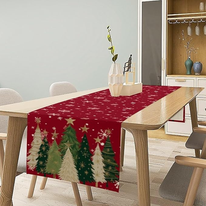 Merry Christmas Table Runner,Red Christmas Tree Snowflake Winter Seasonal Table Cloth Kitchen Dining Table Decoration for Home Party Decor 13x108 Inch